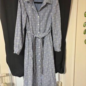 Chic Blue Patterned Long Sleeve Dress